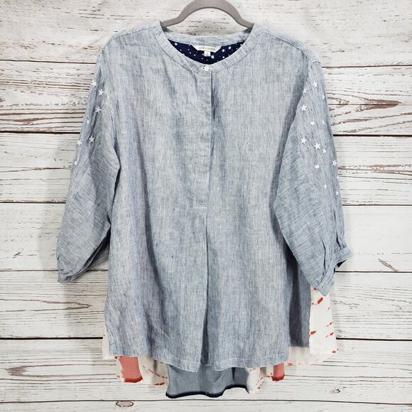 John Mark New Women's Blue Haze Linen Embroidered Contrast Top Small - Picture 1 of 16